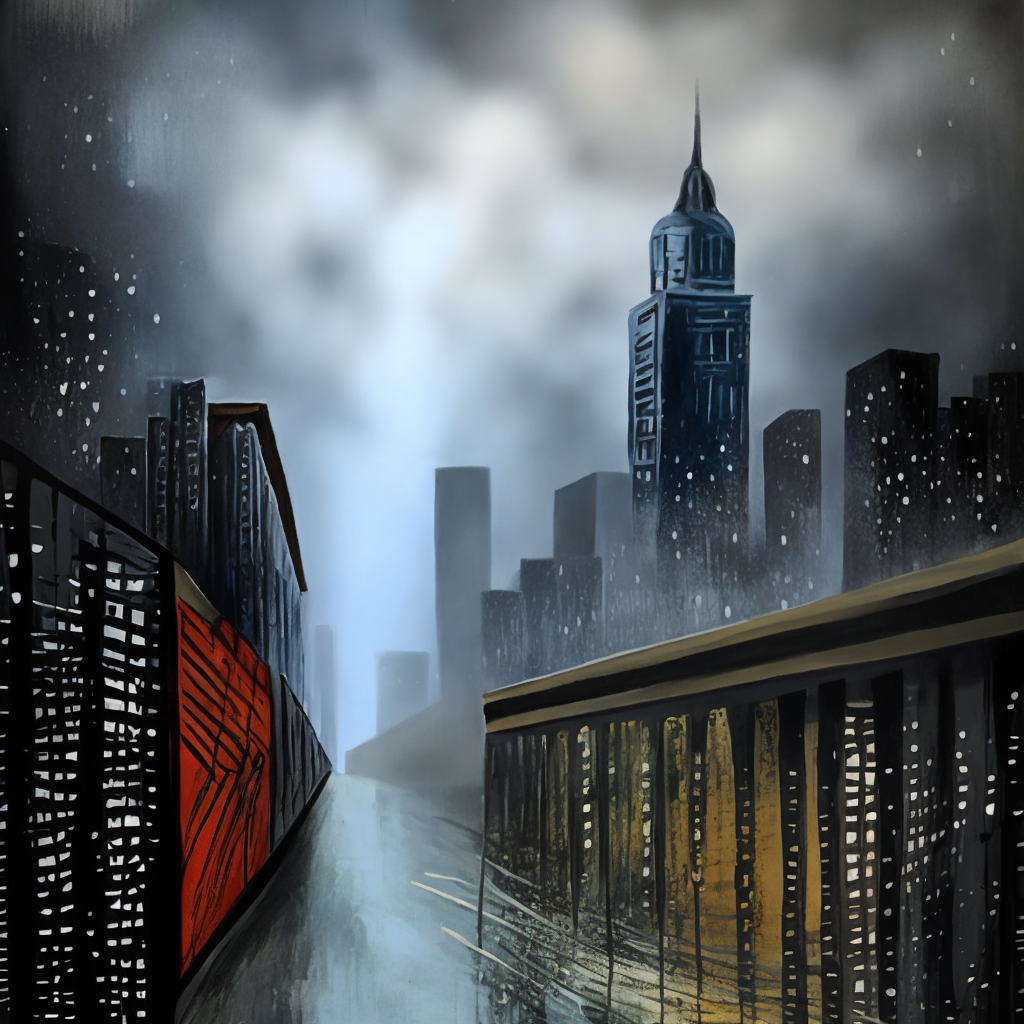 A painting of a city in the rain with a dark shelf in the sky, textured with rain drops. Add a dark shelf in the sky, textured with rain drops.