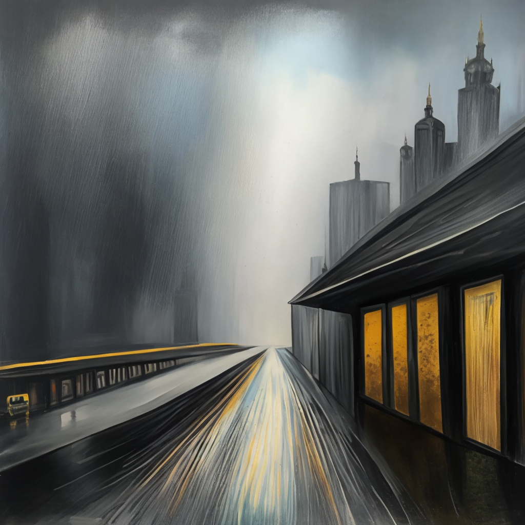A painting of a city in the rain with a dark shelf in the sky, textured with rain drops. Add a dark shelf in the sky, textured with rain drops.