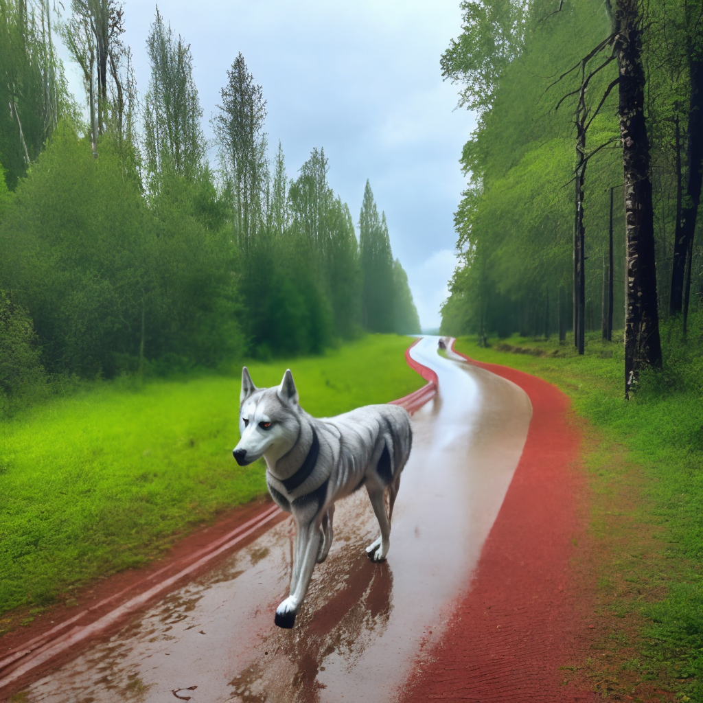 A far view for a silver husky with blue eyes running at walking path at the forest while it's raining 