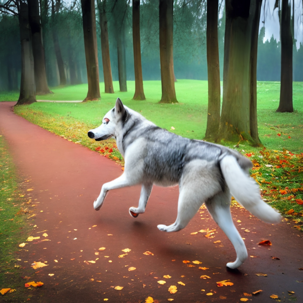 A far view for a silver husky with red eyes and 
wings running at walking path at the forest while it's raining 