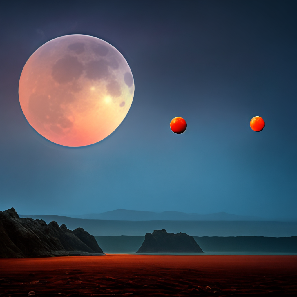 Three moons with many stars at Dark red sky