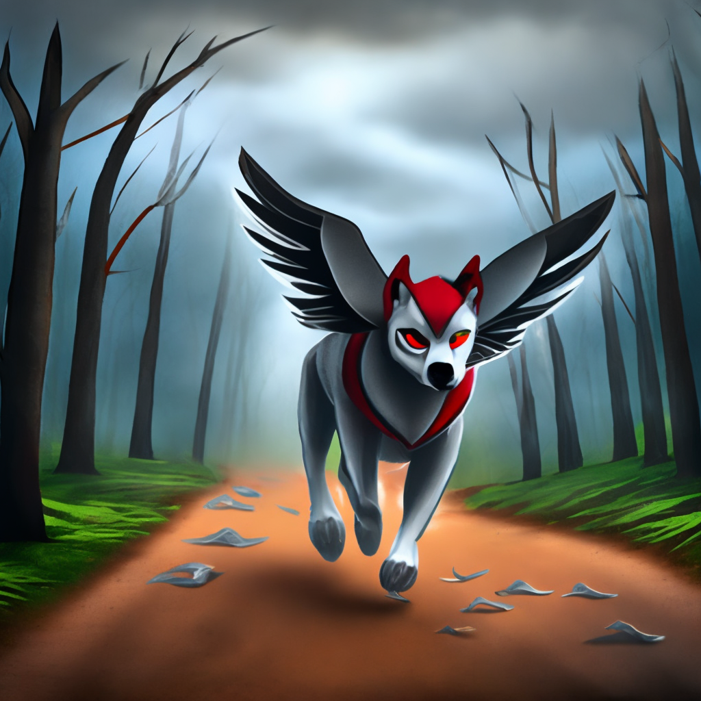 A Evil silver husky with red eyes and big wings. running at walking path in a forest while it's raining 