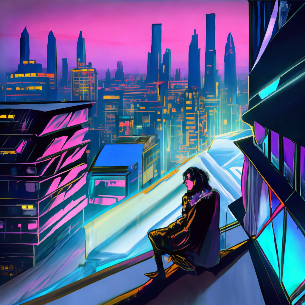Rearview over the shoulder of a long white haired vampire scientist he crouches on a skyscraper edge overlooking Neon Cyber Night City it's glowing lights and buildings hovering cars race the streets below art by Dike Ruan Ghost in the Shell 1989 