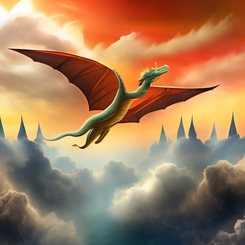 A dragon flying in the sky with fire