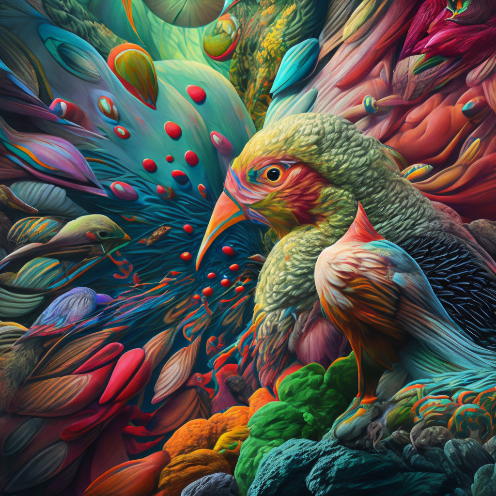 An ultra hd detailed painting of many different types of colorful bird by android jones, earnst haeckel, james jean. behance contest winner, generative art, baroque, intricate patterns, fractalism, movie still, photorealistic