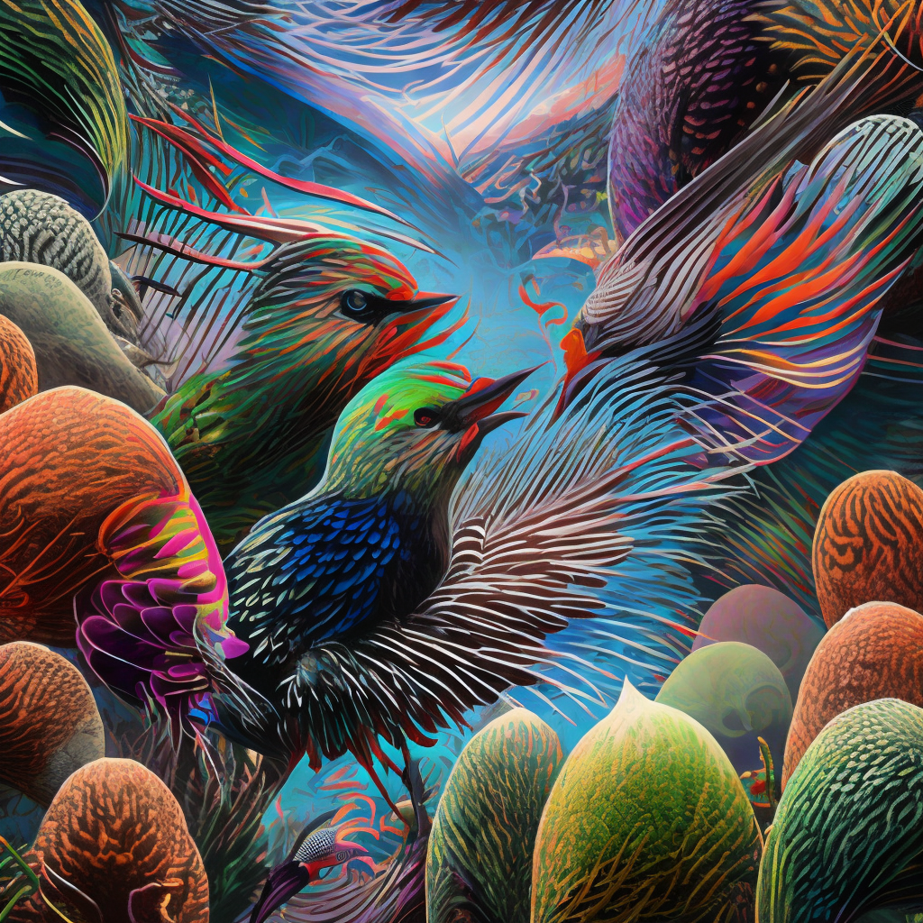 An ultra hd detailed painting of many different types of colorful bird by android jones, earnst haeckel, james jean. behance contest winner, generative art, baroque, intricate patterns, fractalism, movie still, photorealistic