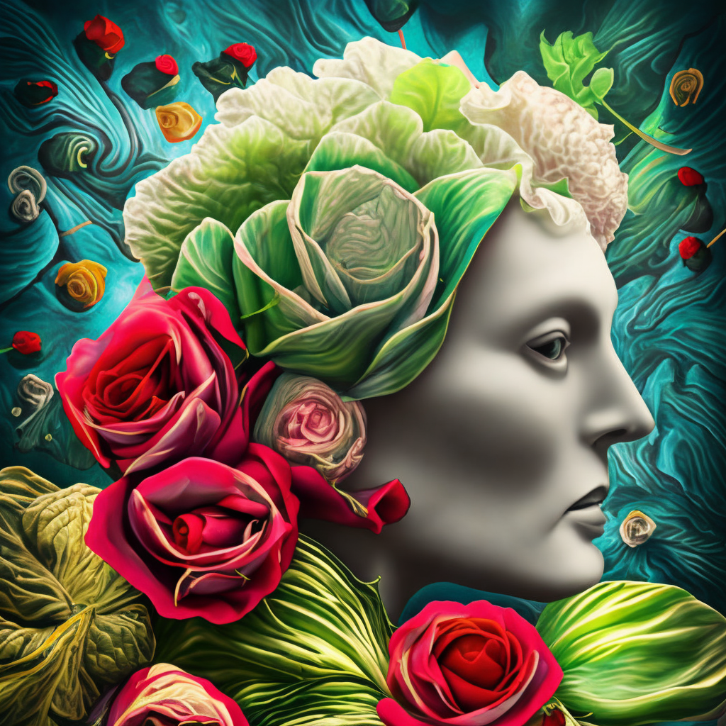 The anatomy of a head of lettuce with roses, an ultrafine detailed painting by james jean, intricate linework, bright colors, final fantasy, behance contest winner, vanitas, angular, altermodern, unreal engine