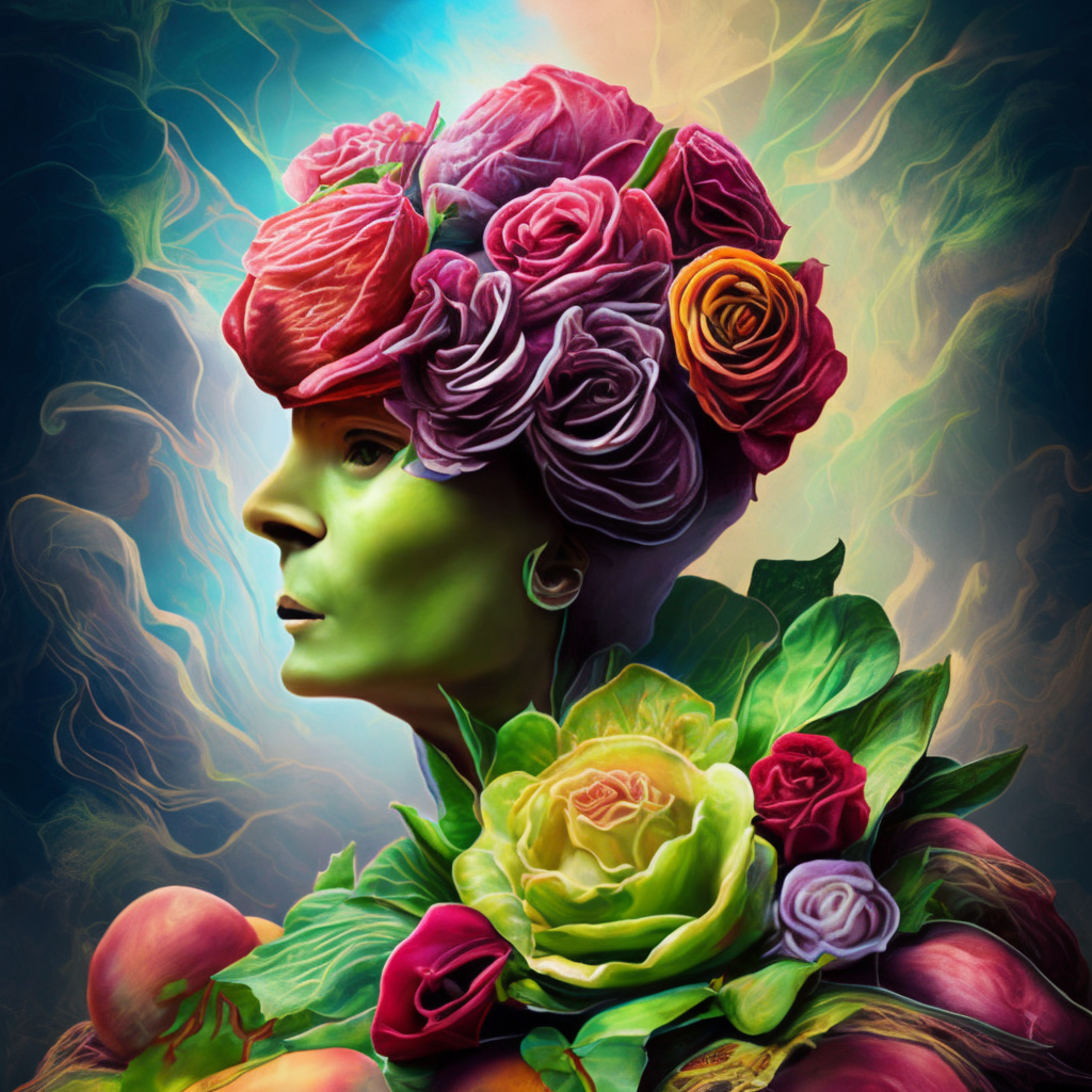 The anatomy of a head of lettuce with roses, an ultrafine detailed painting by james jean, intricate linework, bright colors, final fantasy, behance contest winner, vanitas, angular, altermodern, unreal engine