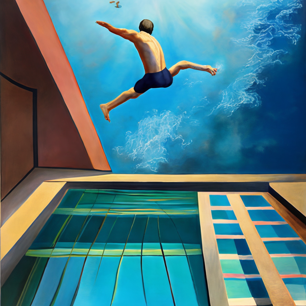 A man jumps into a pool where einstein, newton, michelangelo swim. modern painting, oil on canvas.