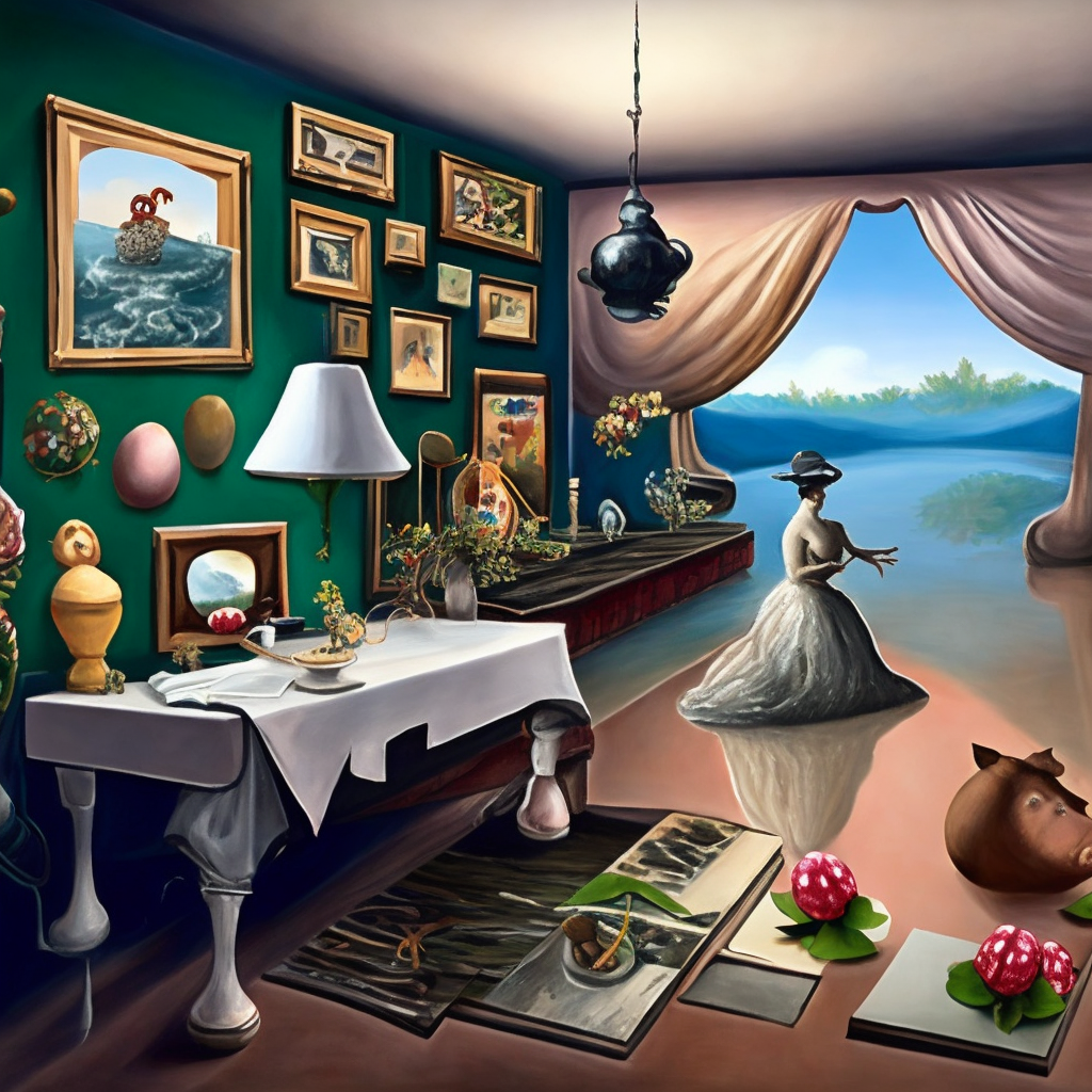 female emo art student, painting of flood waters inside an artist's feminine bedroom, a river flooding indoors, pomegranates, pigs, ikebana, water, octopus, river, rapids, waterfall, black swans, canoe, berries, acrylic on canvas, surrealist, by magritte and monet