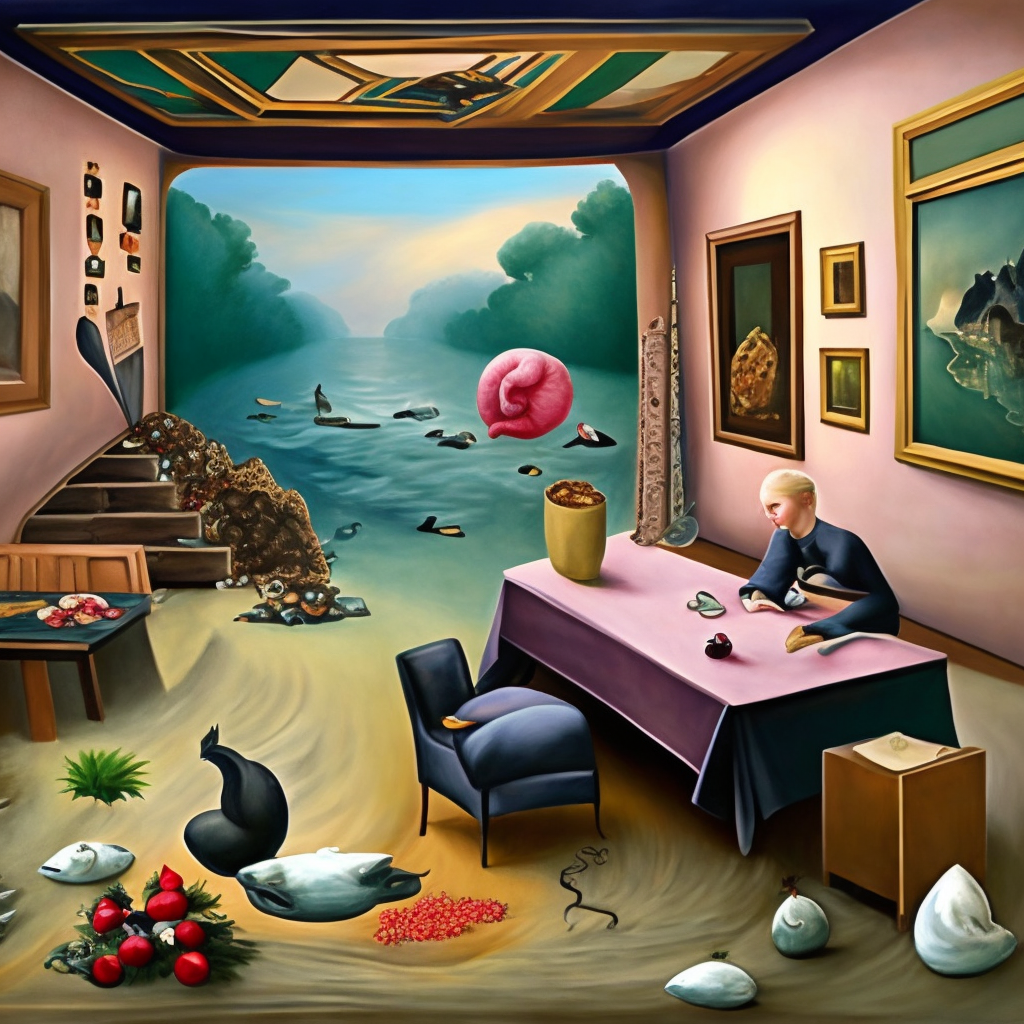 female emo art student, painting of flood waters inside an artist's feminine bedroom, a river flooding indoors, pomegranates, pigs, ikebana, water, octopus, river, rapids, waterfall, black swans, canoe, berries, acrylic on canvas, surrealist, by magritte and monet