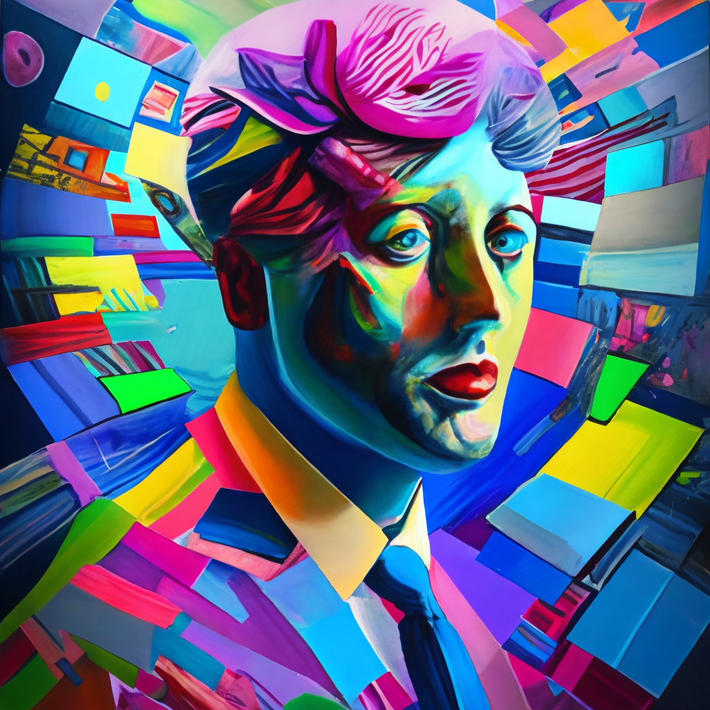 Full prompt: a painting of a person's head with a lot of different things on it. art, painting, electric blue, pattern, visual arts, font, graphics, magenta, graphic design, liquid :