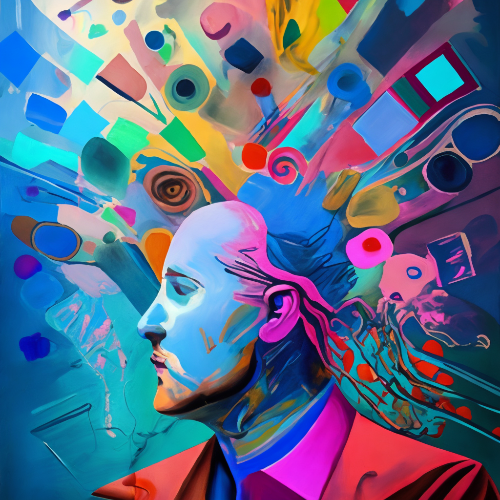 Full prompt: a painting of a person's head with a lot of different things on it. art, painting, electric blue, pattern, visual arts, font, graphics, magenta, graphic design, liquid :