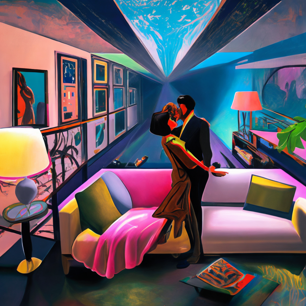 Closeup of a man and woman feeling love in the living room of a house, floating dark energy surrounds them. There is one plant to the side of the room, surrounded by a background of dark cyber mystic alchemical transmutation heavenless realm, cover artwork by genieve figgis and couple kissing in a subway station in the style of Francis Bacon and Syd Mead and Norman Rockwell and Beksinski, hanging beef carcasses, slaughterhouse subway, open ceiling, highly detailed, lovers embracing painted by Francis Bacon and Edward Hopper, painted by James Gilleard, surrealism, airbrush, very coherent, triadic color scheme, art by Takato Yamamoto and James Jean