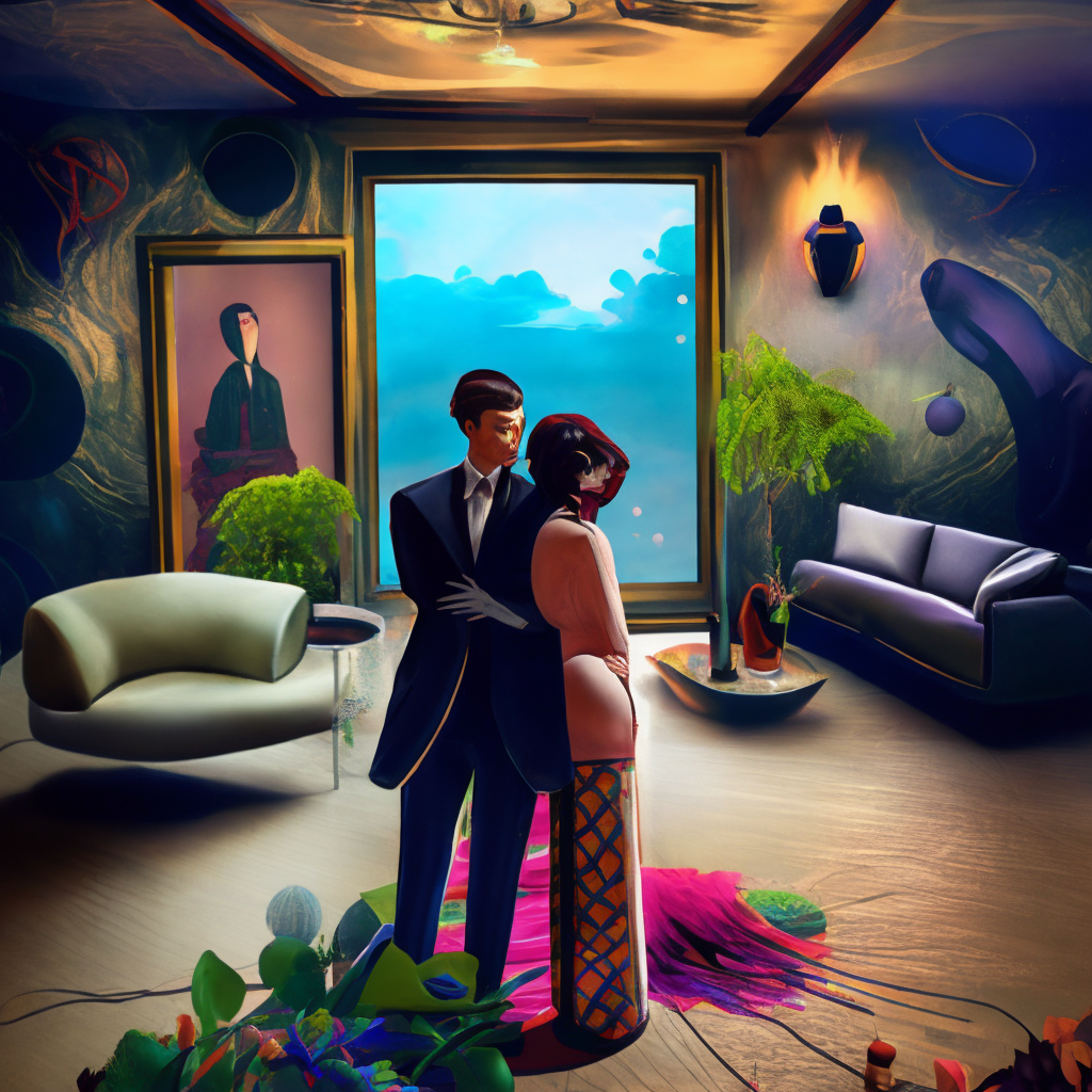 Closeup of a man and woman feeling love in the living room of a house, floating dark energy surrounds them. There is one plant to the side of the room, surrounded by a background of dark cyber mystic alchemical transmutation heavenless realm, cover artwork by genieve figgis and huge dahlie flower head, woman in suit, standing by modern window in luxury apartment, surreal photography, sunlight, impressionist painting, digital painting, artstation, simon stalenhag