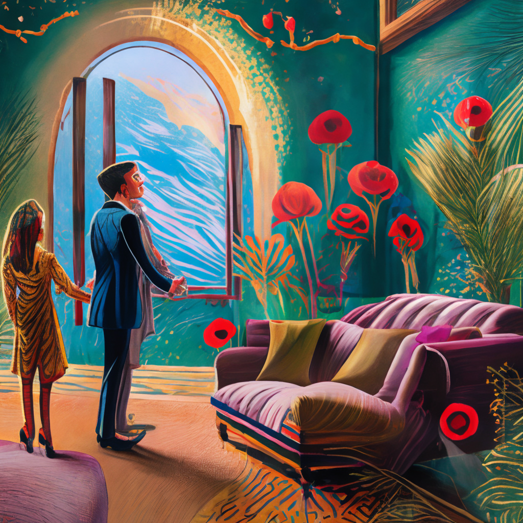 Closeup of a man and woman feeling love in the living room of a house, floating dark energy surrounds them. There is one plant to the side of the room, surrounded by a background of dark cyber mystic alchemical transmutation heavenless realm, cover artwork by genieve figgis and huge huge dahlie flower head, woman in suit, standing by modern window in luxury apartment, surreal photography, sunlight, impressionist painting, digital painting, artstation, simon stalenhag