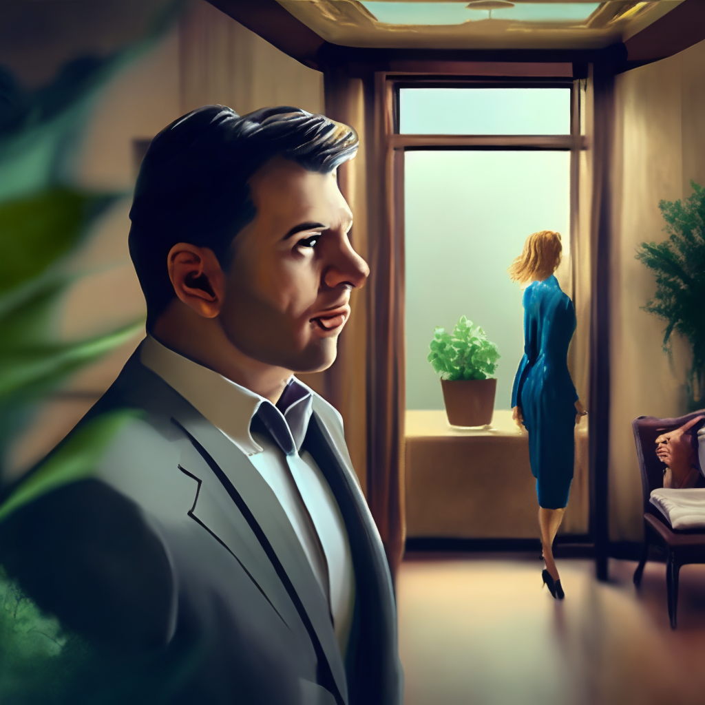 Closeup of a man and woman feeling love in the living room of a house, floating dark energy surrounds them. There is one plant to the side of the a portrait painting of a man in a suit, the man is screaming and sad, highly detailed facial details, the man is alone in front of a window, in the style of edward hopper, 4 k,