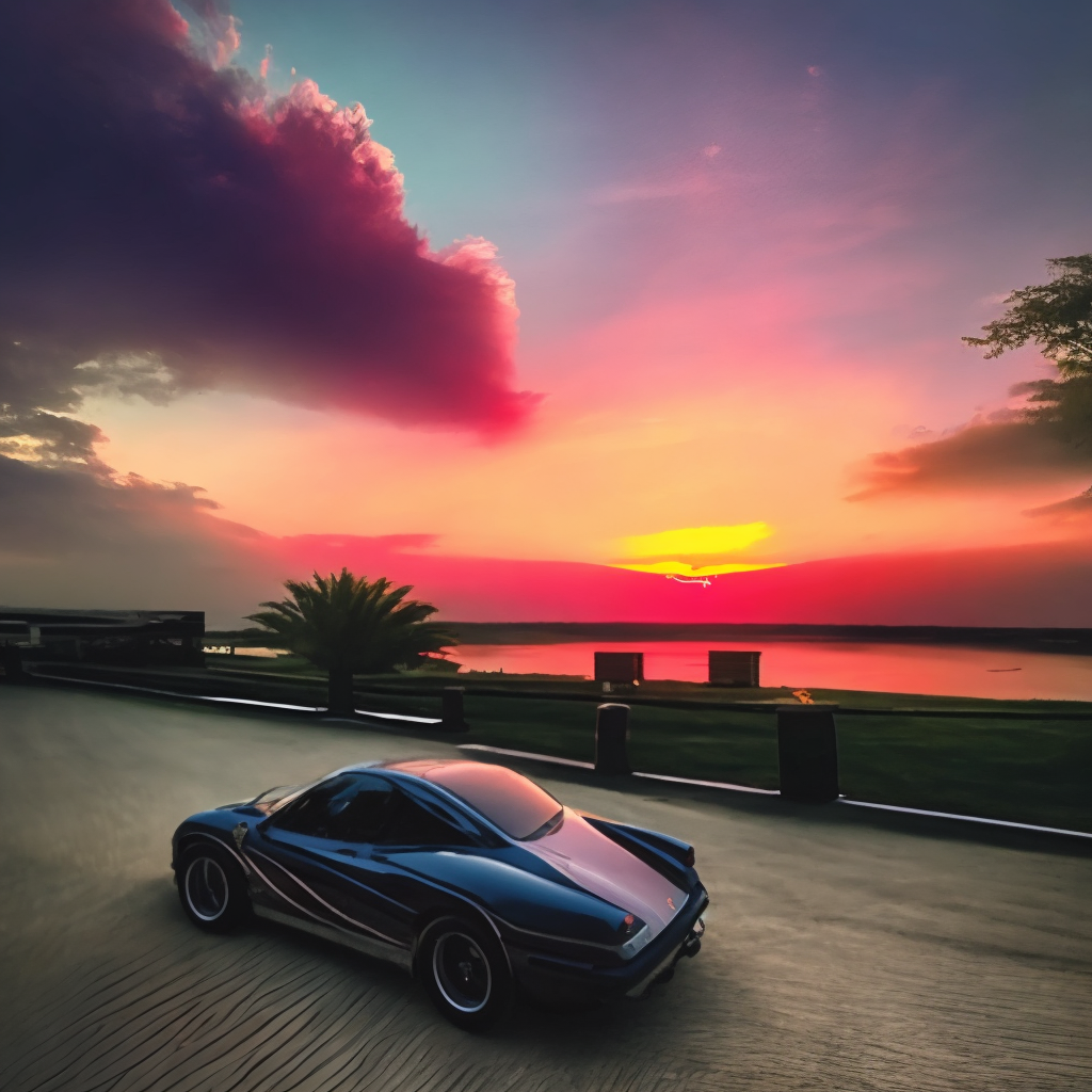 aesthetic sun set background and a ferrari