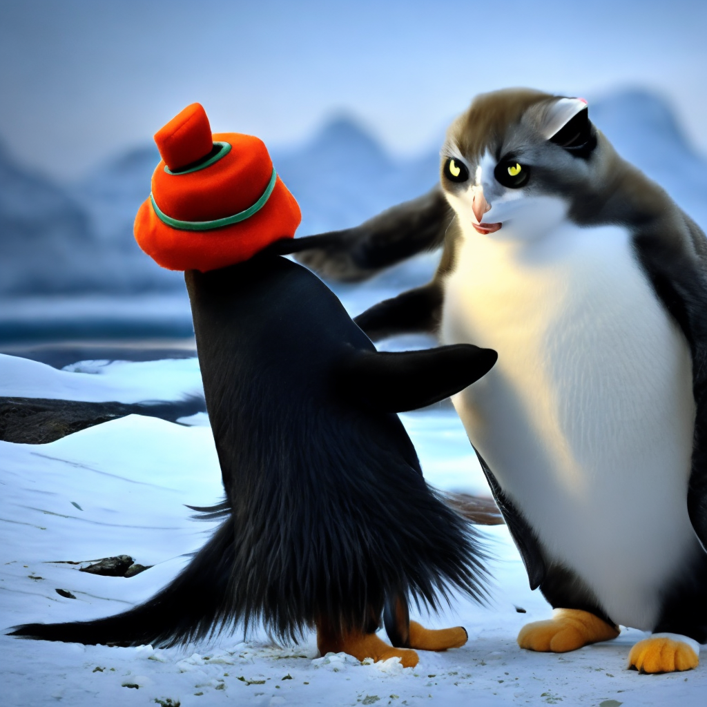 Fluffy cat playing with fluffy penguin