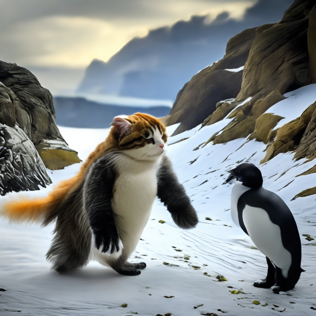 Fluffy cat playing, fluffy penguin
