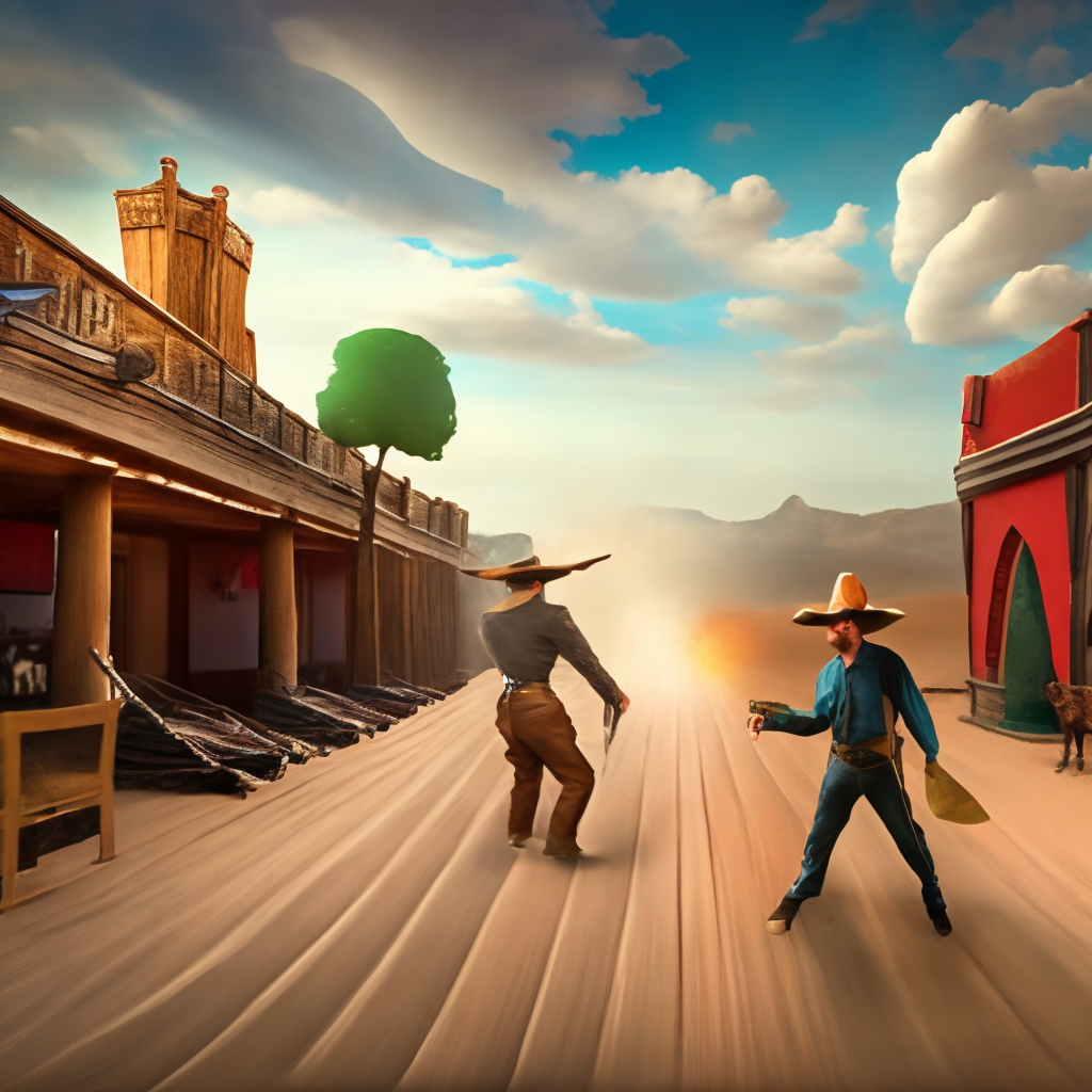 An equirectangular wraparound 360 image of a wild west cowboy versus cowboy six shooter duel on a dusty road with wind outside the old west tavern 