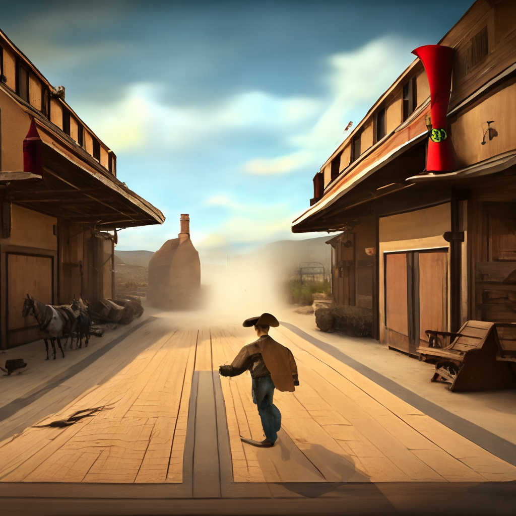 An equirectangular wraparound 360 image of a wild west cowboy versus cowboy six shooter duel on a dusty road with wind outside the old west tavern 