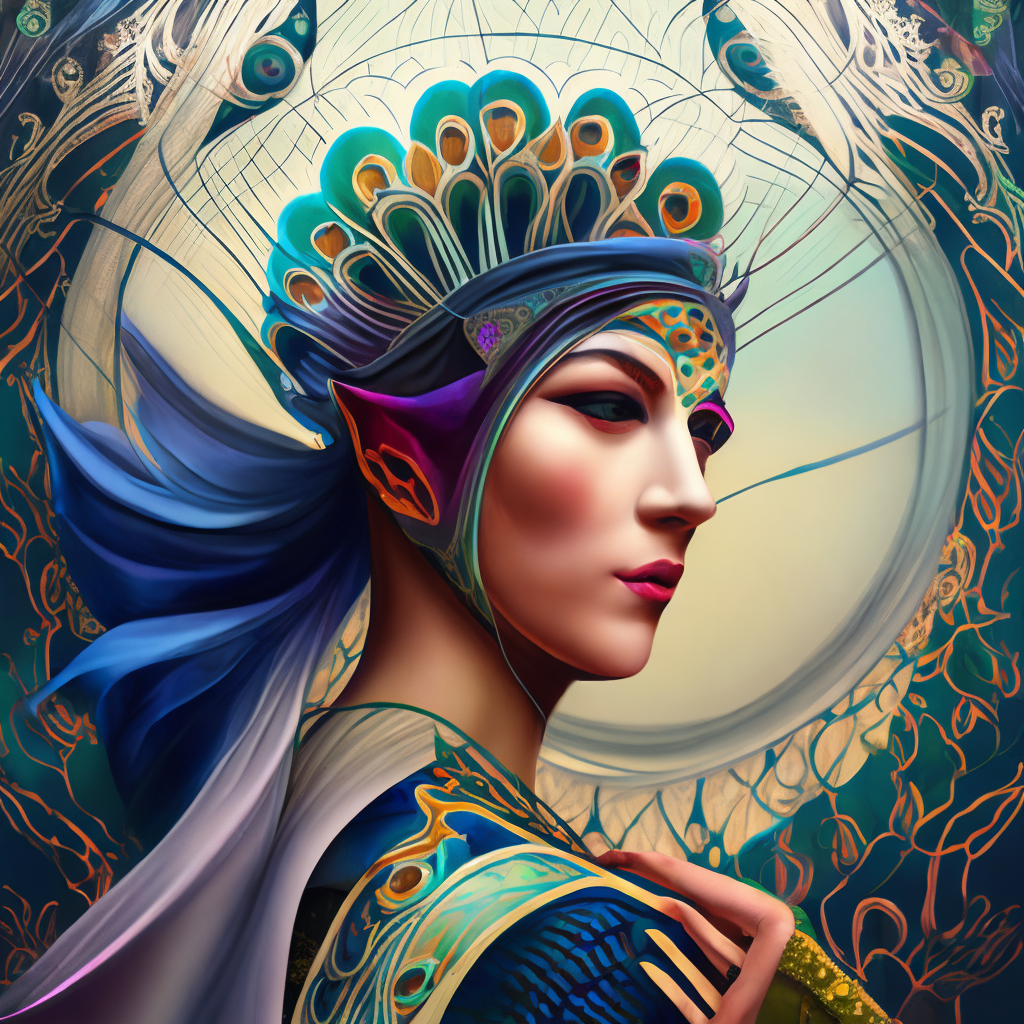 centered detailed portrait of a masked woman wearing a venetian mask, vibrant peacock feathers, intricate, elegant, highly detailed, digital painting, artstation, smooth, sharp focus, illustration, illuminated lines, outrun, vaporware, intricate venetian patterns, cyberpunk darksynth, by audrey kawasaki and ilya kuvshinov and alphonse mucha