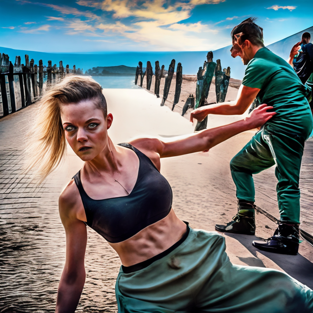 Nikki a fitness model with turquoise undercut-combed-over hairstyle stomps a zombie on the ground her face resembles Natalie Dormer she wears taut black tank top and low-rise denim shorts she has a visible athletic lean abdomen 