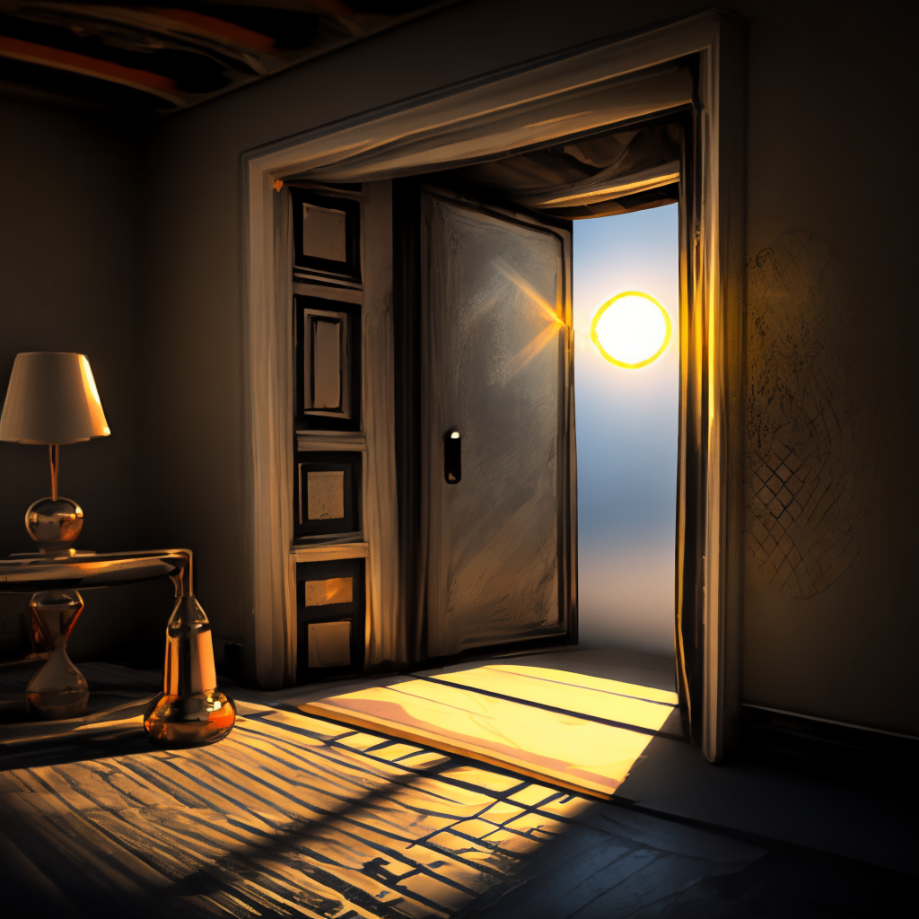 a door in front a sun,somber, Clowncore, Futurism, Analog photography, Photoshop, Grainy, Performance, Monochromatic colors, Grindhouse, golden hour lighting, Super detailed, photorealistic materials, interior design, V-Ray render, 4k. zoom in”