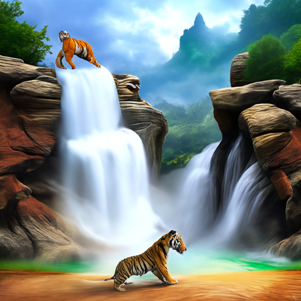 A big Bengal tiger fighting another Bengal tiger in front of a fantasy waterfall