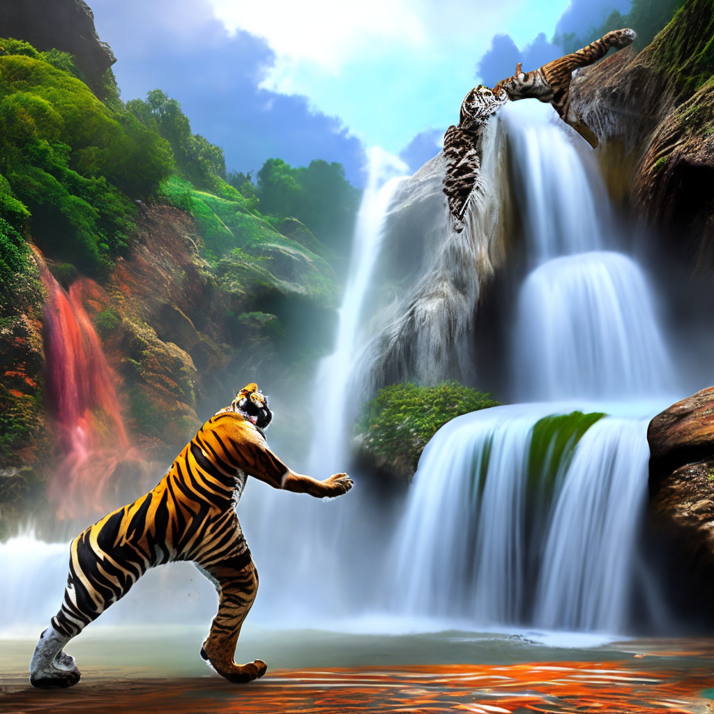 A big Bengal tiger fighting another Bengal tiger in front of a fantasy waterfall