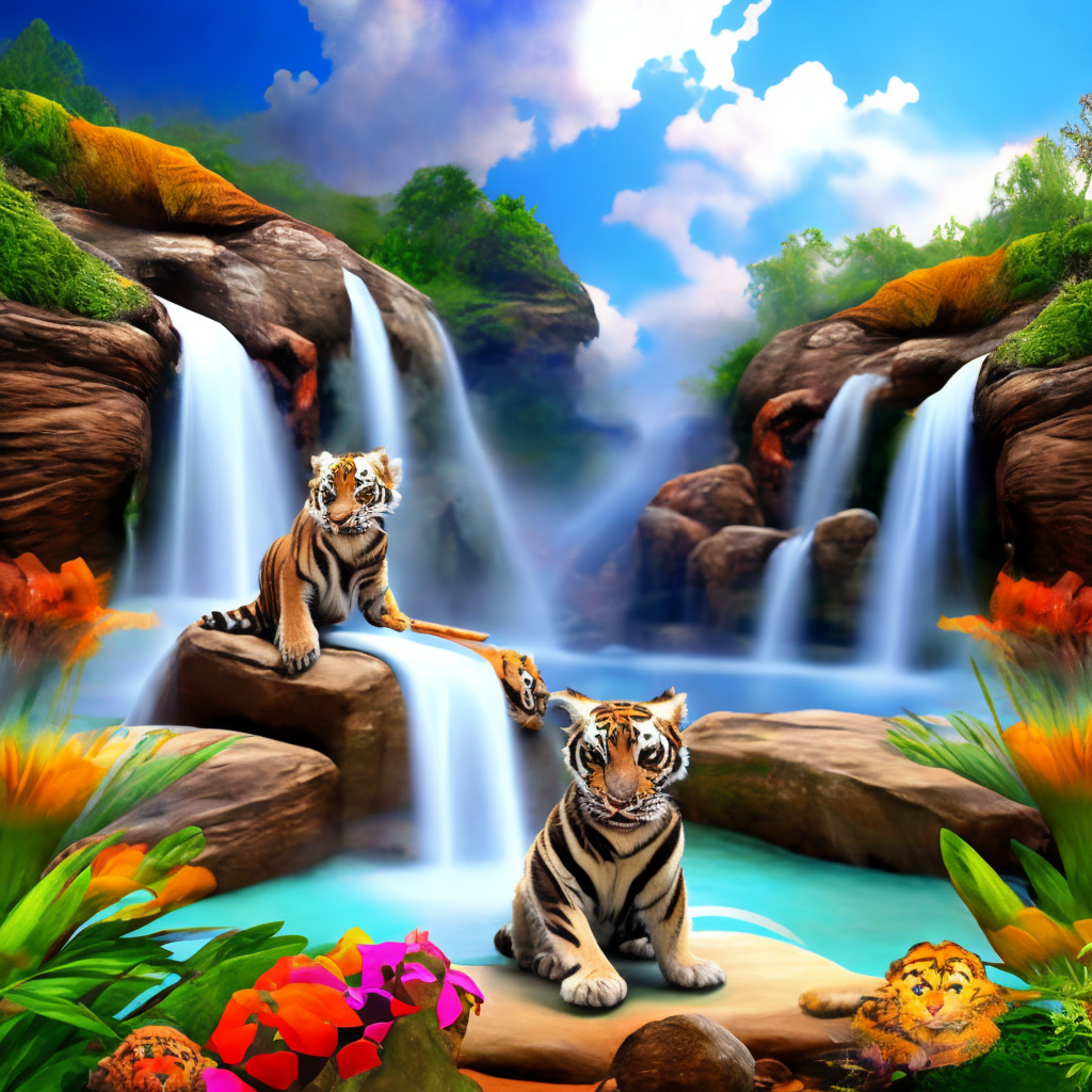 Cute Bengal tiger cubs playing in front of a fantasy waterfall