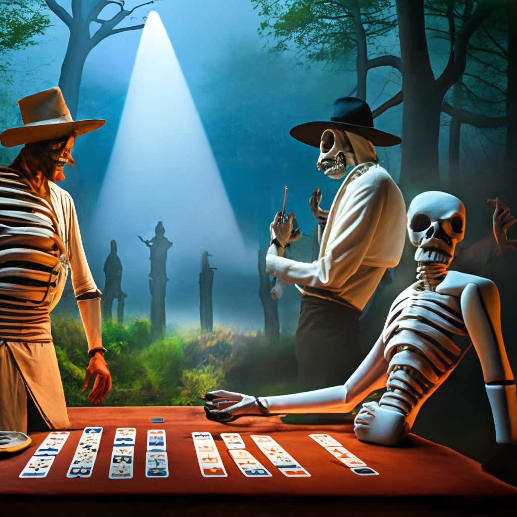 Skeleton and Surgeon and Policeman and Mystic playing cards at night in forest