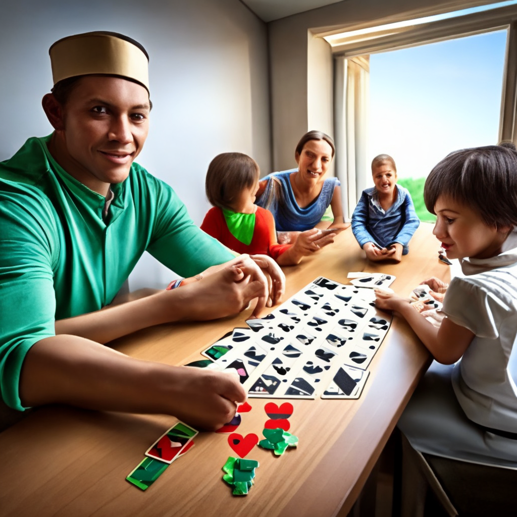 a family playing cards sitting on a table