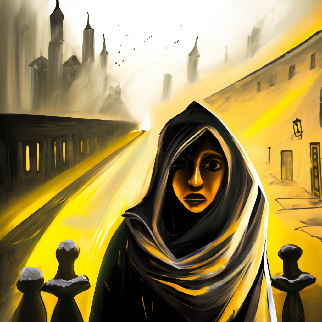 Valeria, a ravishing, nineteen-year-old priestess ascended from the depression, brushing snow from her nose and hood. Silhouettes and yellow lights were far ahead, and inexplicable masses she soon realized were buildings.