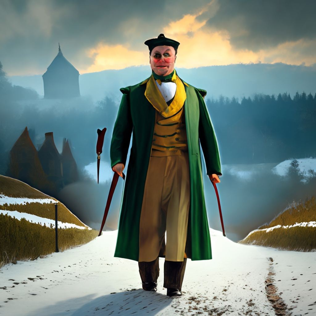 A large, psychopathic man sauntering through a snowy field, wearing green and gold aristocratic attire with ruffled collar.