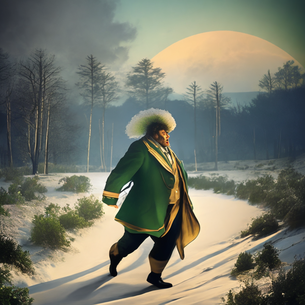 In the moonlight, a large man sauntering through a snowy field, wearing green and gold aristocratic attire with ruffled collar.