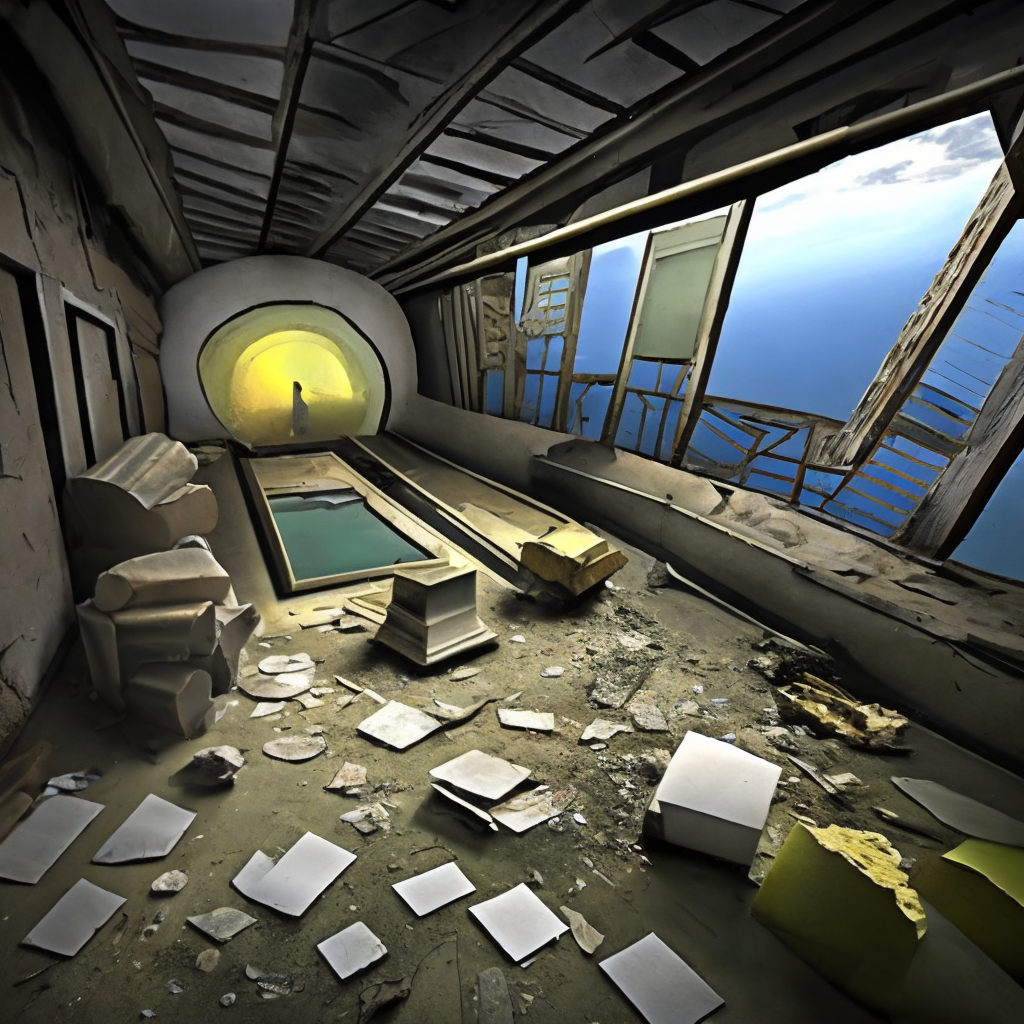 to a gigantic room with one glass wall. Stones and flurries of dirt and debris were the only visible things in the murkiness outside, where the sea’s surface was several kilometers above the three explorers. Burnt pieces of plastic and paper glided among these ruins, and deep noises, almost elephantine, echoed from far away. The room’s floor was rusty, worn steel