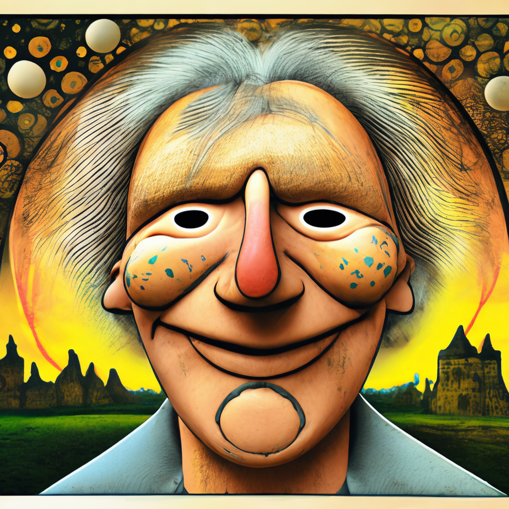 A jaundiced man with no nose, and who is grinning