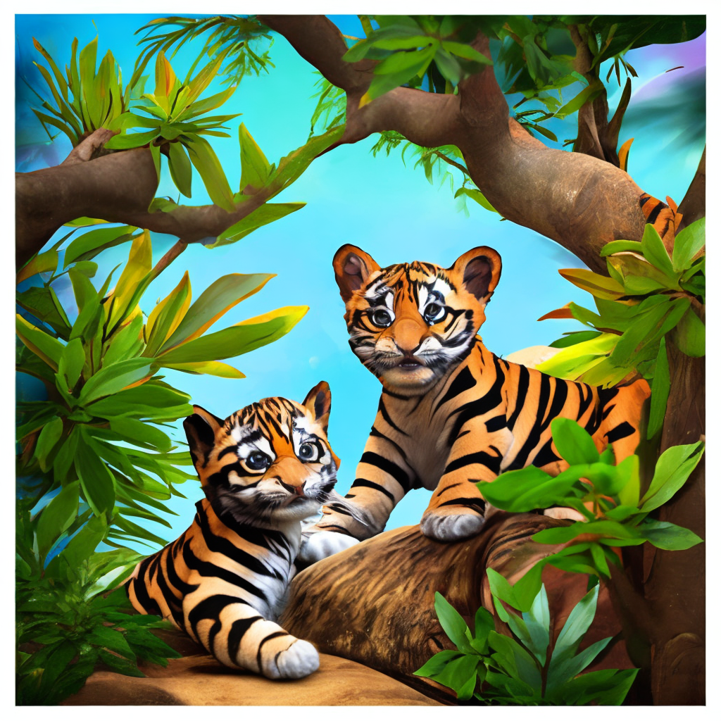 Two cute baby Bengal tigers playing amongst the big fantasy trees and bushes