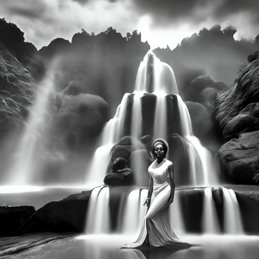 Black and white picture of rihanna standing under a fantasy style waterfall