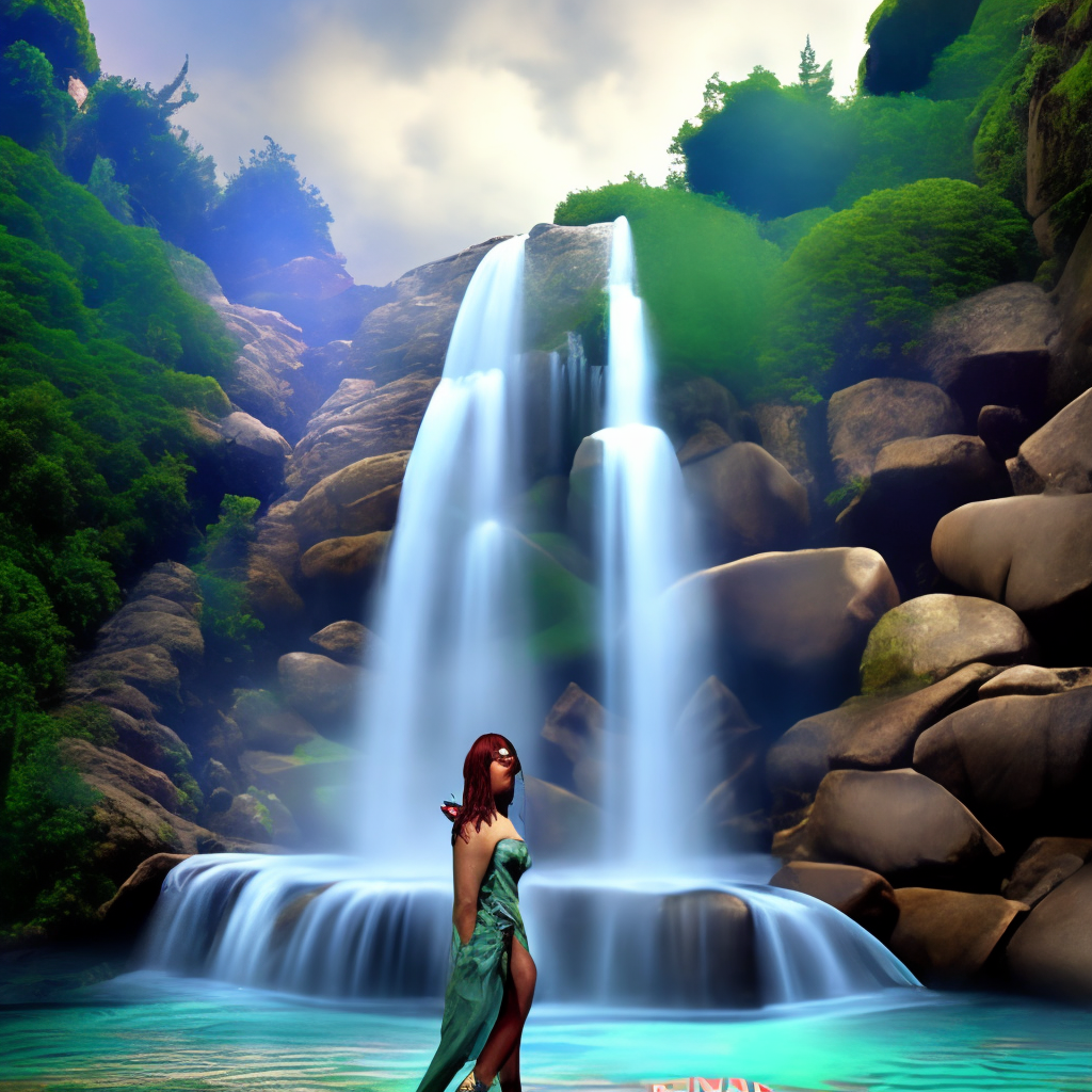 Picture of rihanna standing under a fantasy style waterfall
