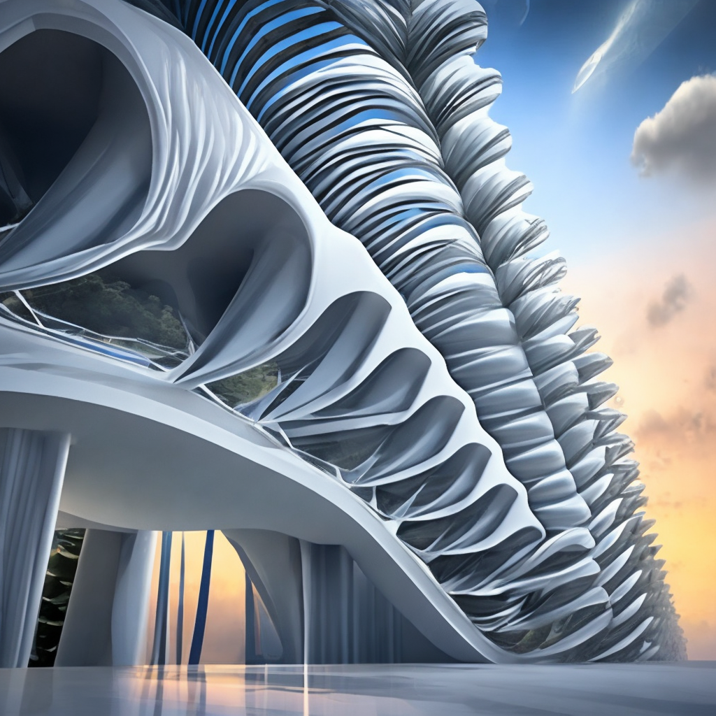 a Zaha Hadid style architecture of a futuristic white eco building in the form of 3000 in the Venus Project with trees and futuristic street, day light, millions of fractal architectual diamond elements, photorealistic, 8k UHD
