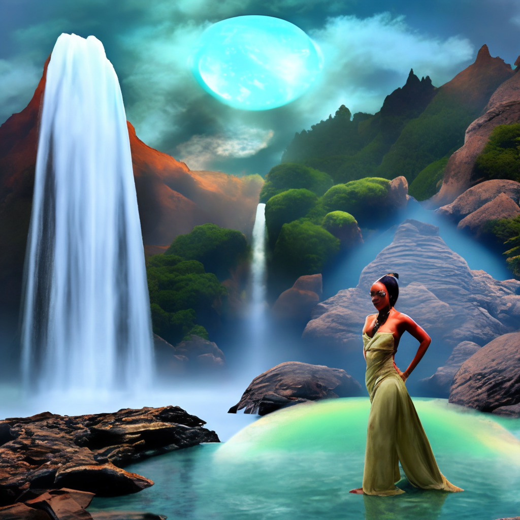 Picture of rihanna standing under a fantasy style waterfall with a big moon