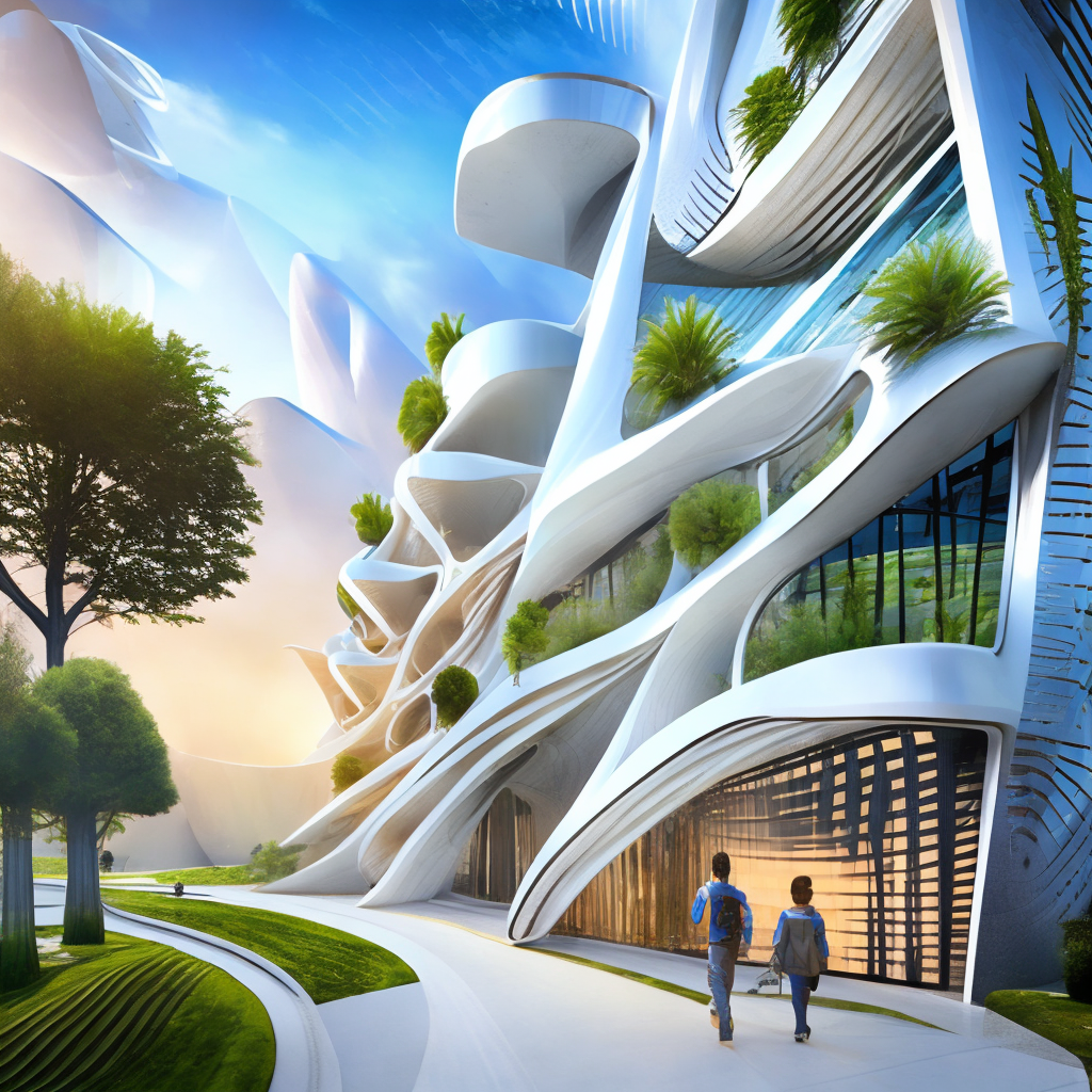 A Zaha Hadid style architecture of a futuristic white eco building in the Venus Project with trees and futuristic street, day light, millions of fractal architectual diamond elements, photorealistic, 8k UHD. diffused natural skin glow, painting. Add a reflective surface to the Zaha Hadid building, making it look like it's reflecting the sky and trees.