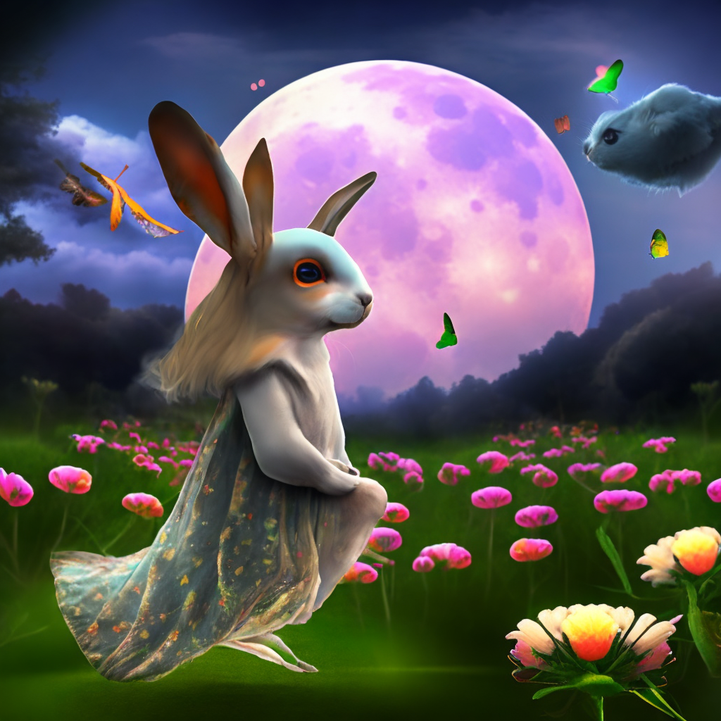 A beautiful lop ear rabbit hopping around in a fantasy world with butterflies and a big bright moon