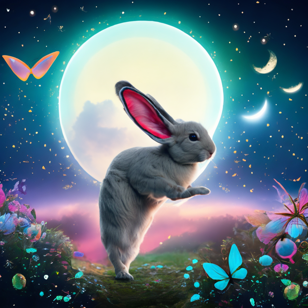 A beautiful lop ear rabbit hopping around in a fantasy world with butterflies and a big bright moon