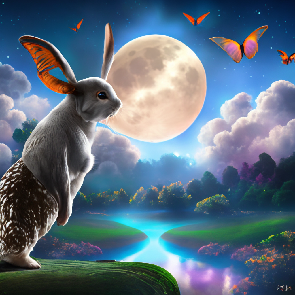 A beautiful lop ear rabbit in a fantasy world with butterflies and a big bright moon