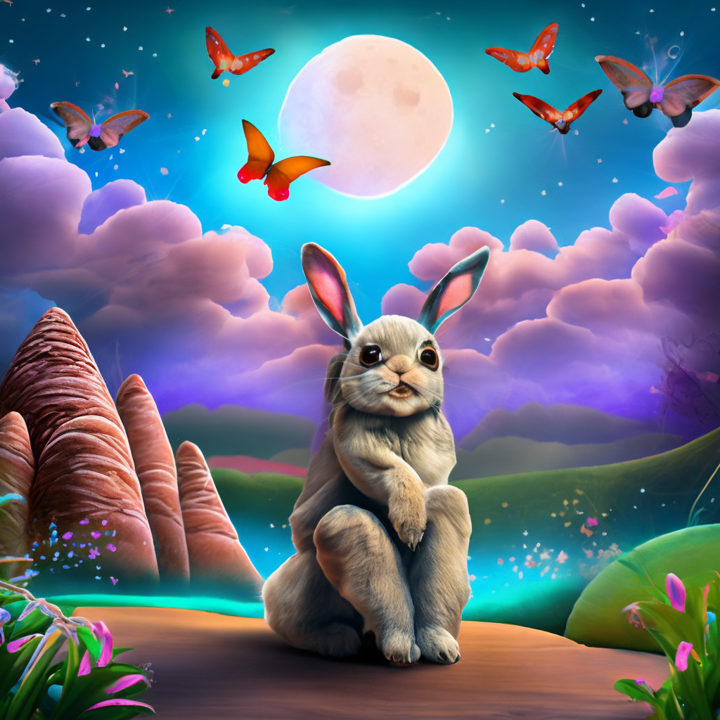 A beautiful lop ear rabbit in a fantasy world with butterflies and a big bright moon