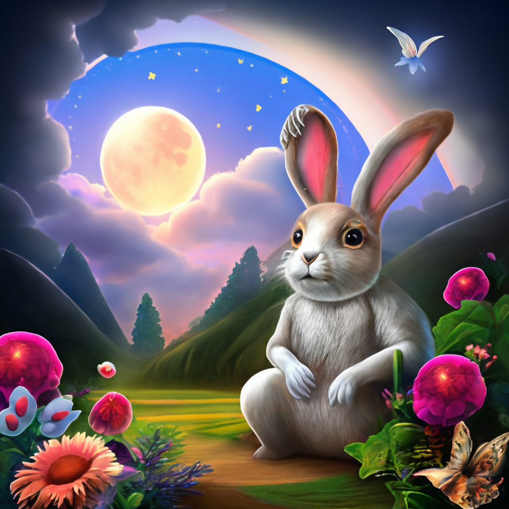 A beautiful realistic cute rabbit in a fantasy world with butterflies and a big bright moon